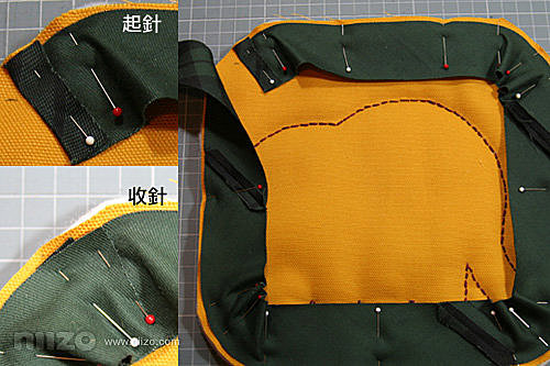 6.使用珠針固定收邊條。起針時內摺一公分然後沿著隔熱墊將收邊條一一用珠針固定,轉角處多使用幾針,最後再將收邊條疊上起針處,將多餘的收邊條剪掉。邊車邊將珠針拔起,非常的方便。固定珠針時記得要小心,不要被刺到喔。